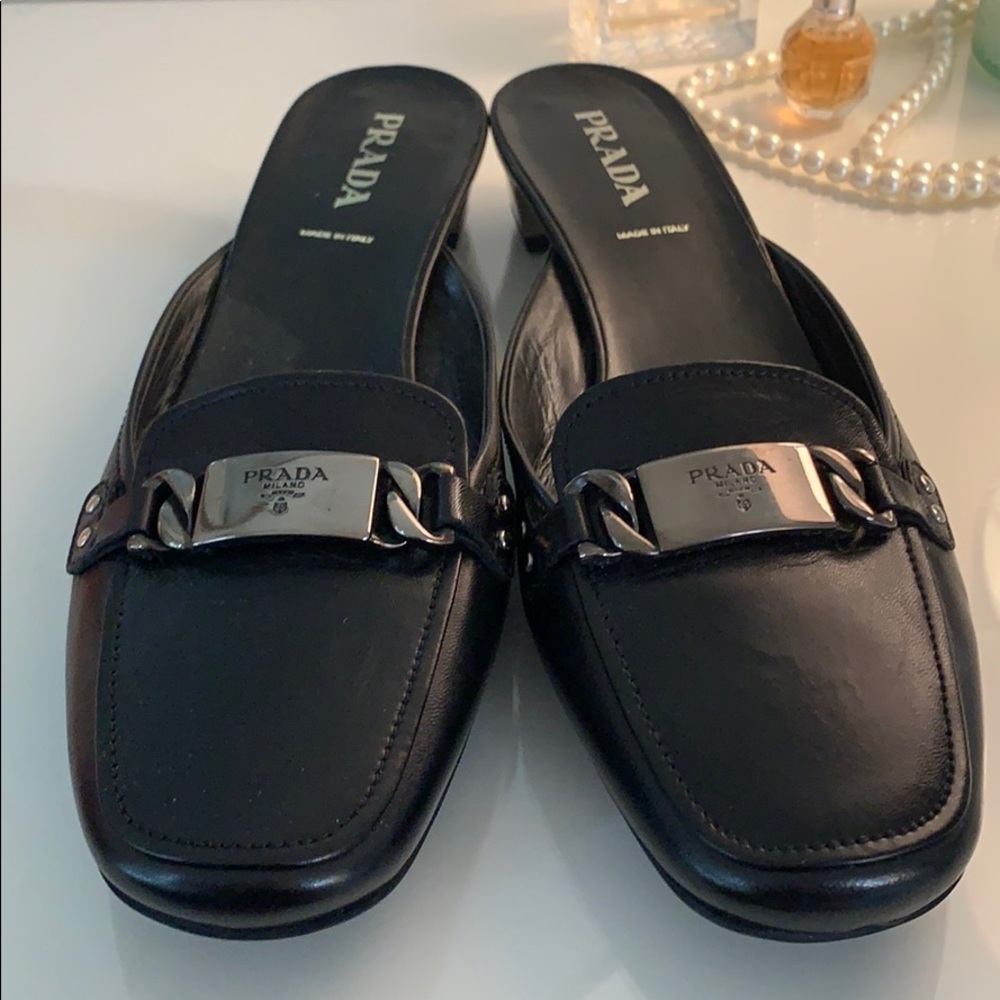 Authentic Black Leather Prada Slides